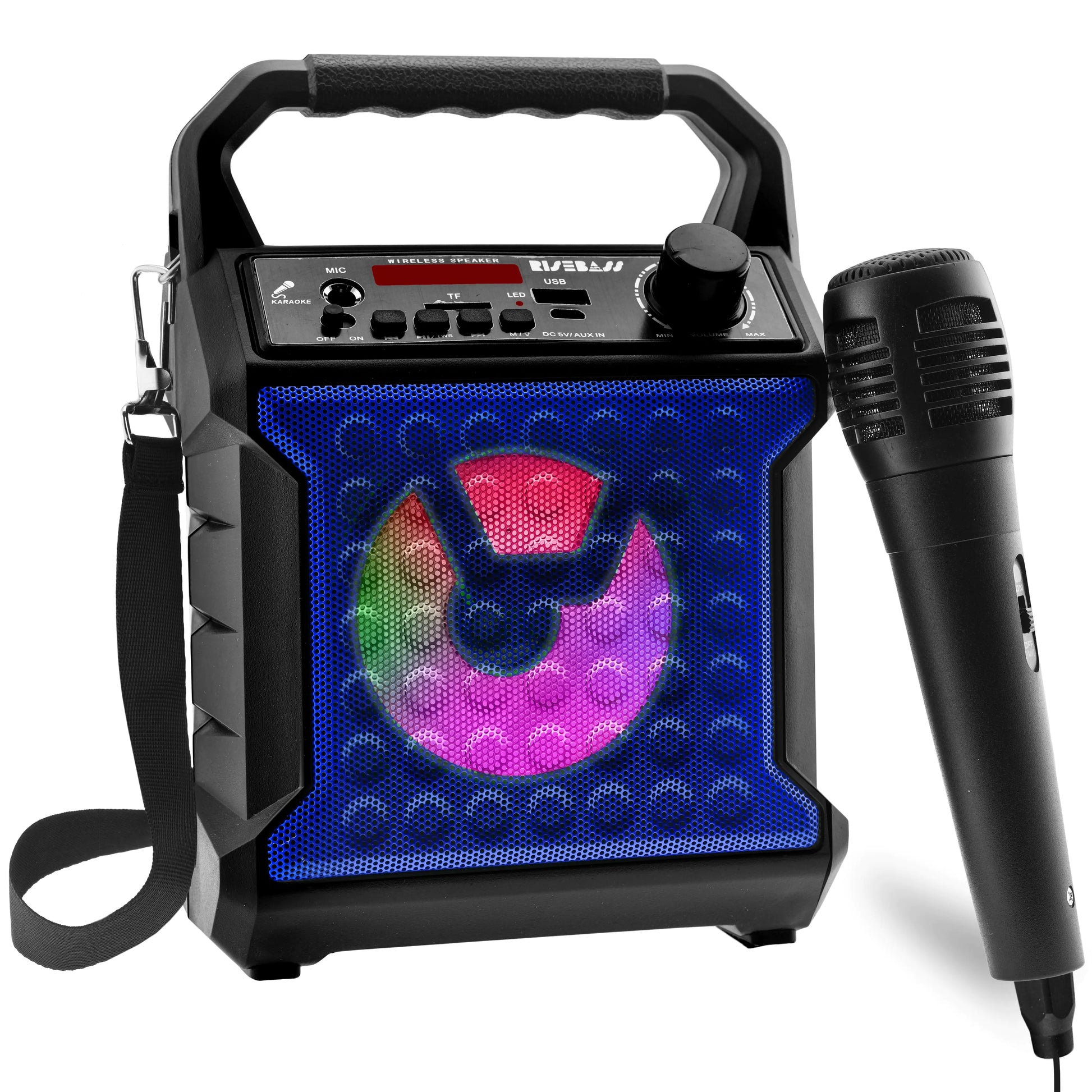 Risebass Portable Karaoke Machine with Microphone - Home Karaoke System with Party Lights for Kids and Adults - Rechargeable USB Speaker Set with FM Radio, SD/TF Card Support, and AUX-in.