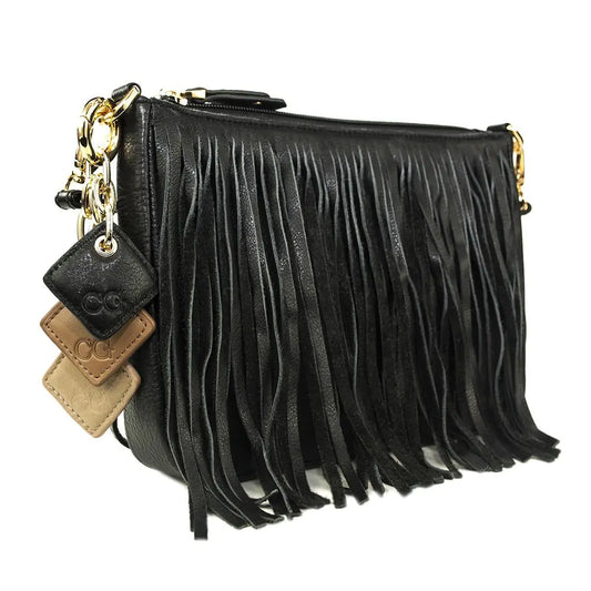 Willow Fringe Leather Handbag -Midnight Black.