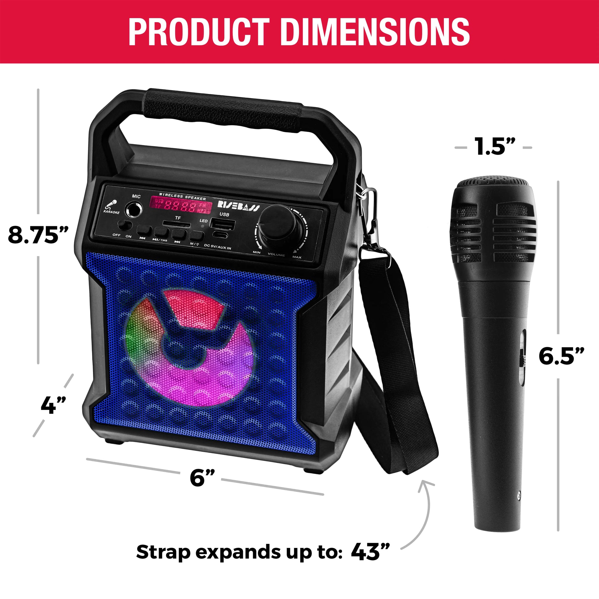 Risebass Portable Karaoke Machine with Microphone - Home Karaoke System with Party Lights for Kids and Adults - Rechargeable USB Speaker Set with FM Radio, SD/TF Card Support, and AUX-in.