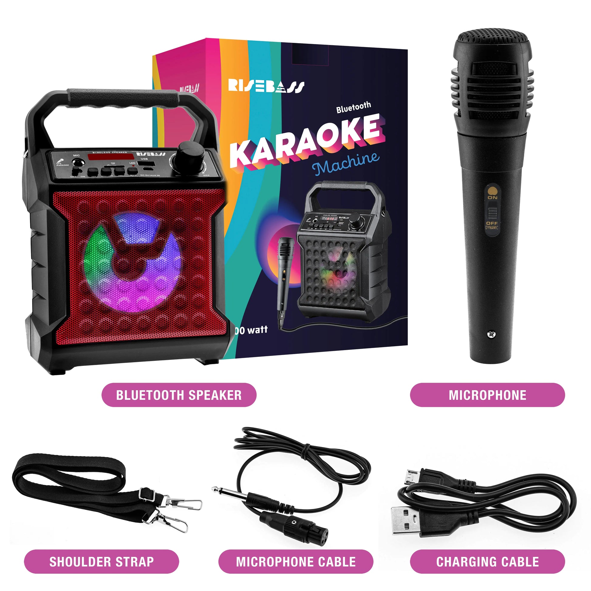 Risebass Portable Karaoke Machine with Microphone - Home Karaoke System with Party Lights for Kids and Adults - Rechargeable USB Speaker Set with FM Radio, SD/TF Card Support, and AUX-in.