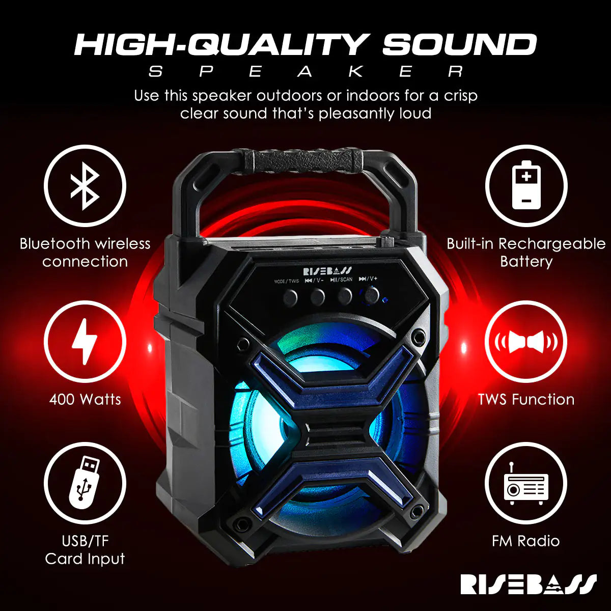 Portable Wireless Bluetooth Speaker with TWS Function - Rechargeable Bluetooth Speaker - LES flashing Lights.