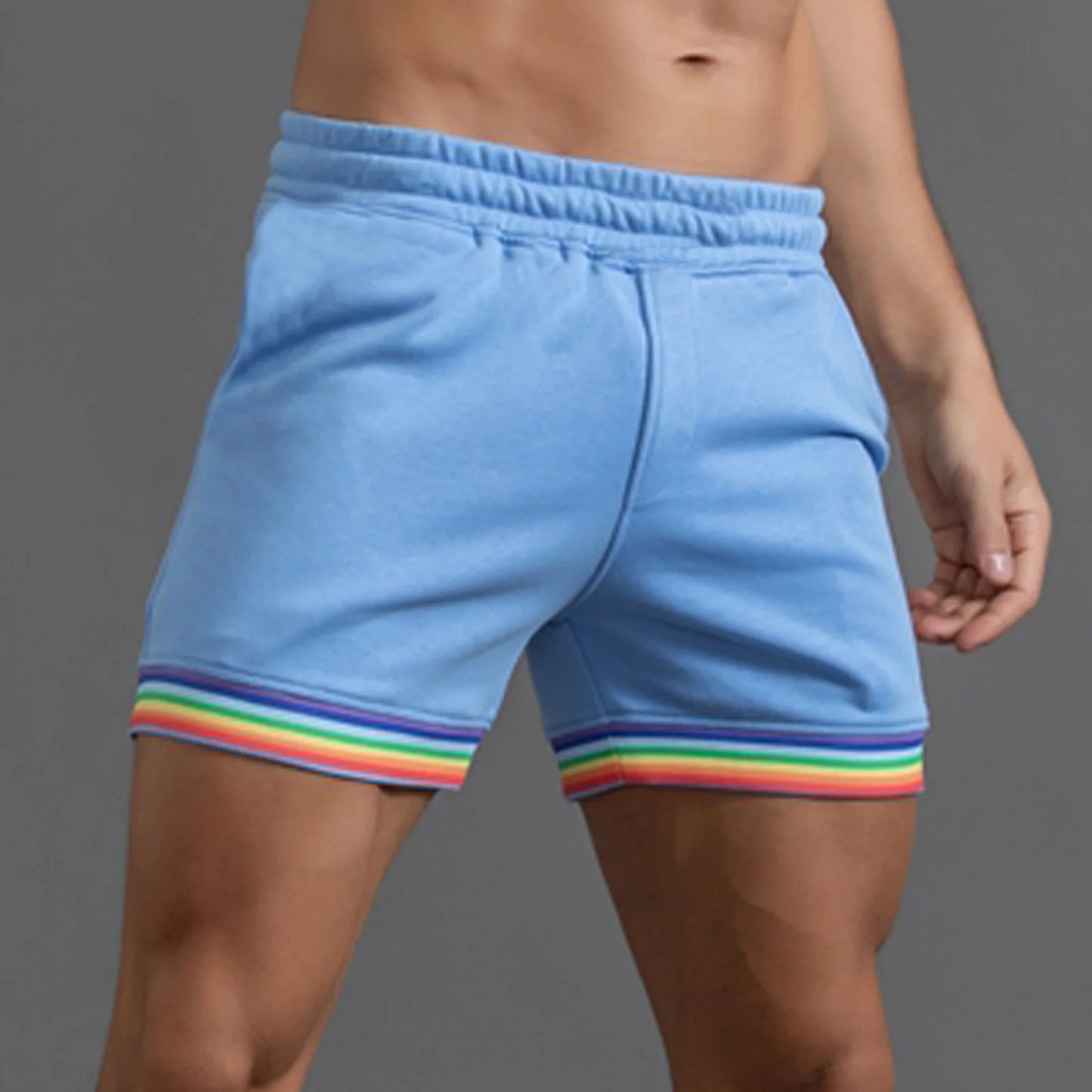 2024 Men's Rainbow Skinny Patchwork Gym Shorts Casual Streetwear Solid Color Knee Length Pants S-4XL Leisure Running Fitness.