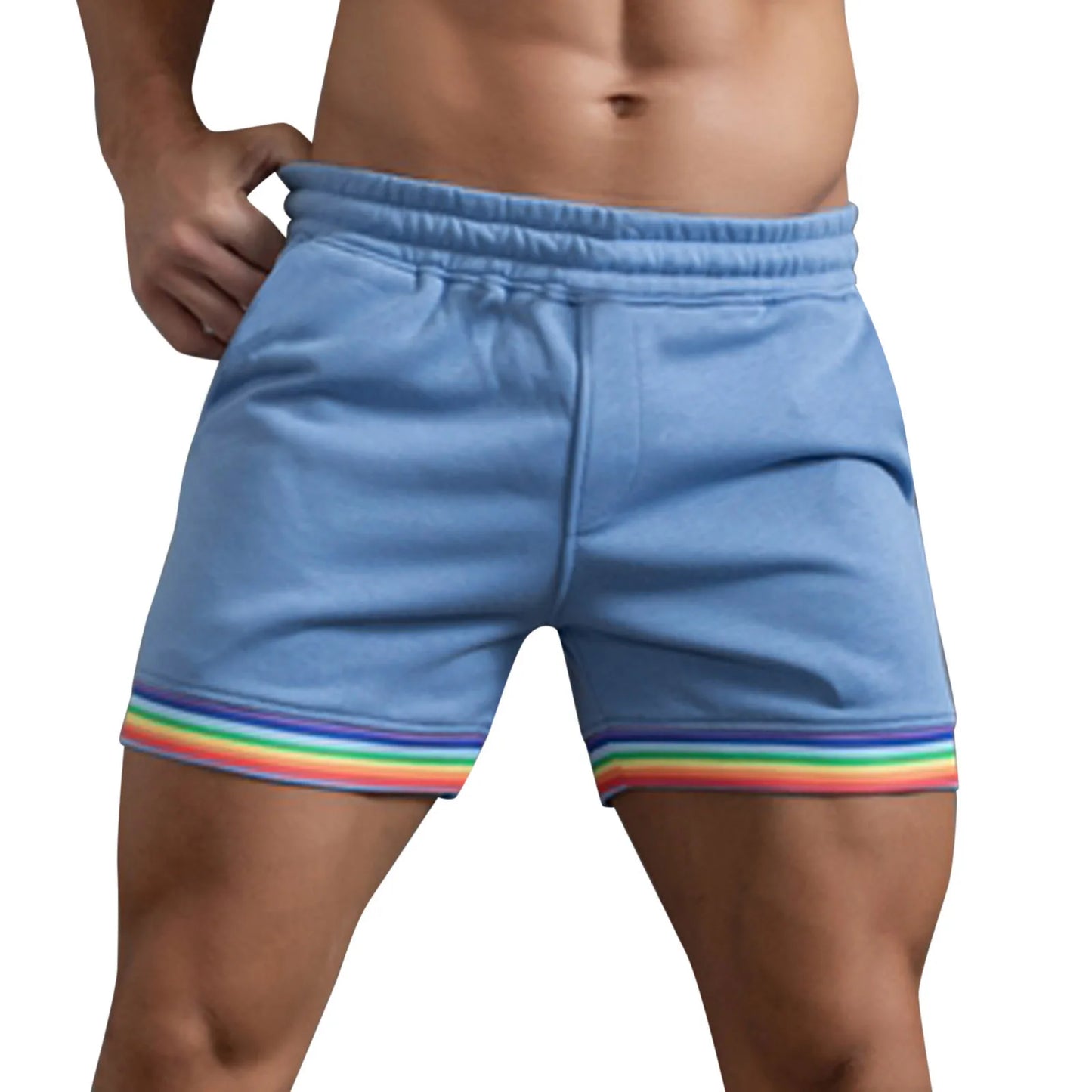 2024 Men's Rainbow Skinny Patchwork Gym Shorts Casual Streetwear Solid Color Knee Length Pants S-4XL Leisure Running Fitness.