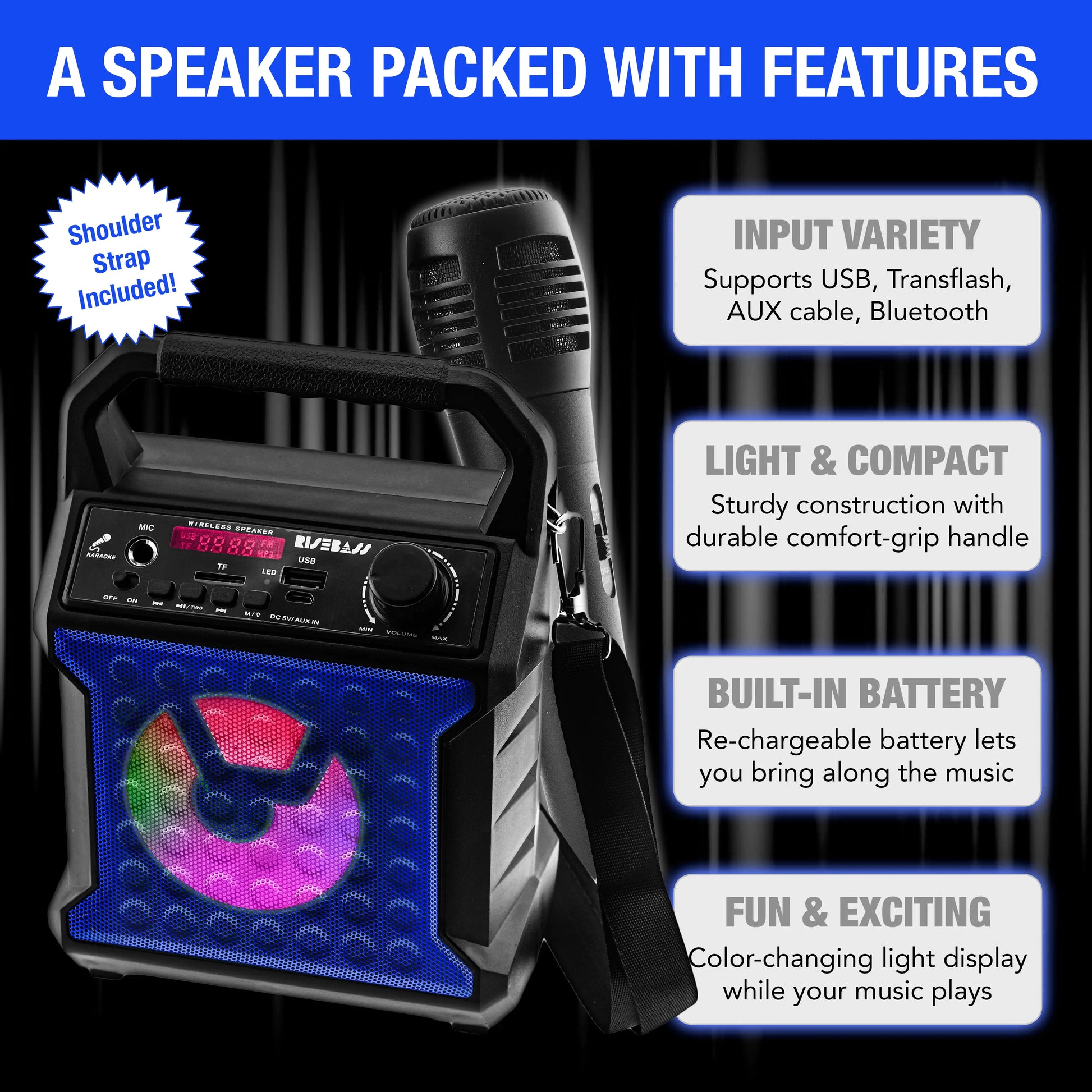 Risebass Portable Karaoke Machine with Microphone - Home Karaoke System with Party Lights for Kids and Adults - Rechargeable USB Speaker Set with FM Radio, SD/TF Card Support, and AUX-in.