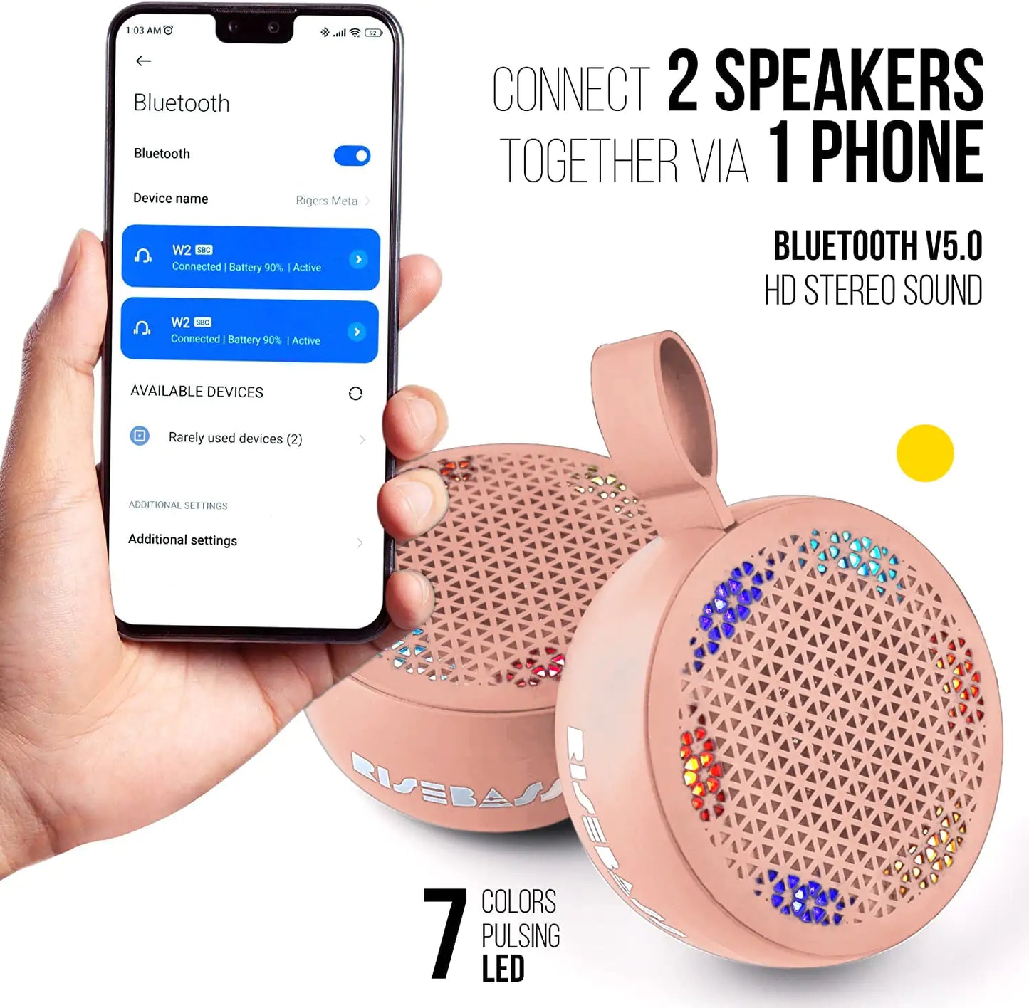 RISEBASS Water Resistant Bluetooth Shower Speaker, Handsfree Portable Speakerphone Control Buttons with LED Light, True Wireless Stereo for Bathroom, Kitchen, Hiking, Kayak, Beach, Gifts.