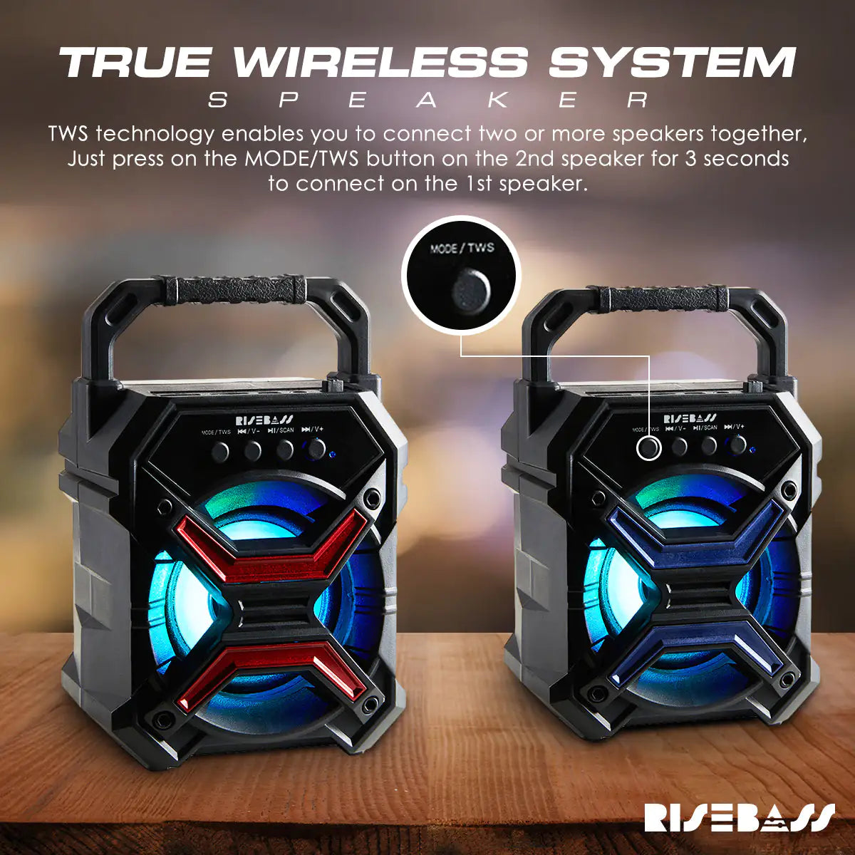 Portable Wireless Bluetooth Speaker with TWS Function - Rechargeable Bluetooth Speaker - LES flashing Lights.